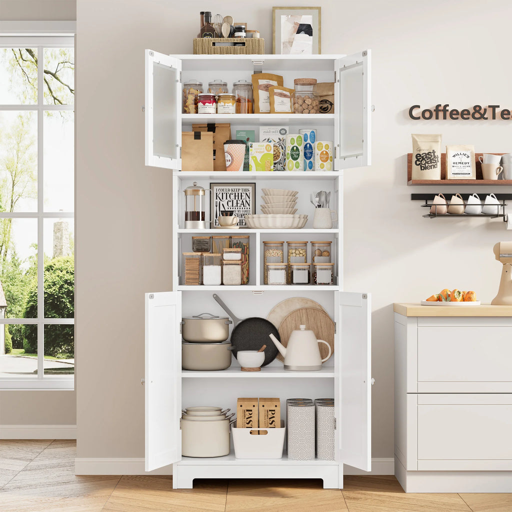 Tall Bathroom Storage Cabinet – 4-Door Wooden Cupboard with Adjustable Shelves