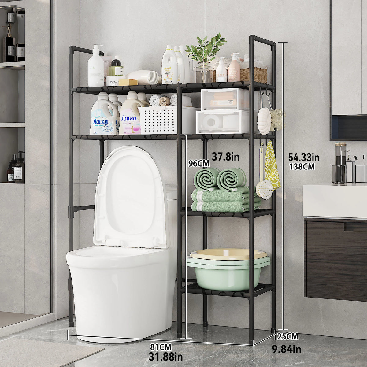 Bathroom Storage Organiser – 2/3 Tier Over-The-Toilet Shelf with Rust-Proof Metal Frame