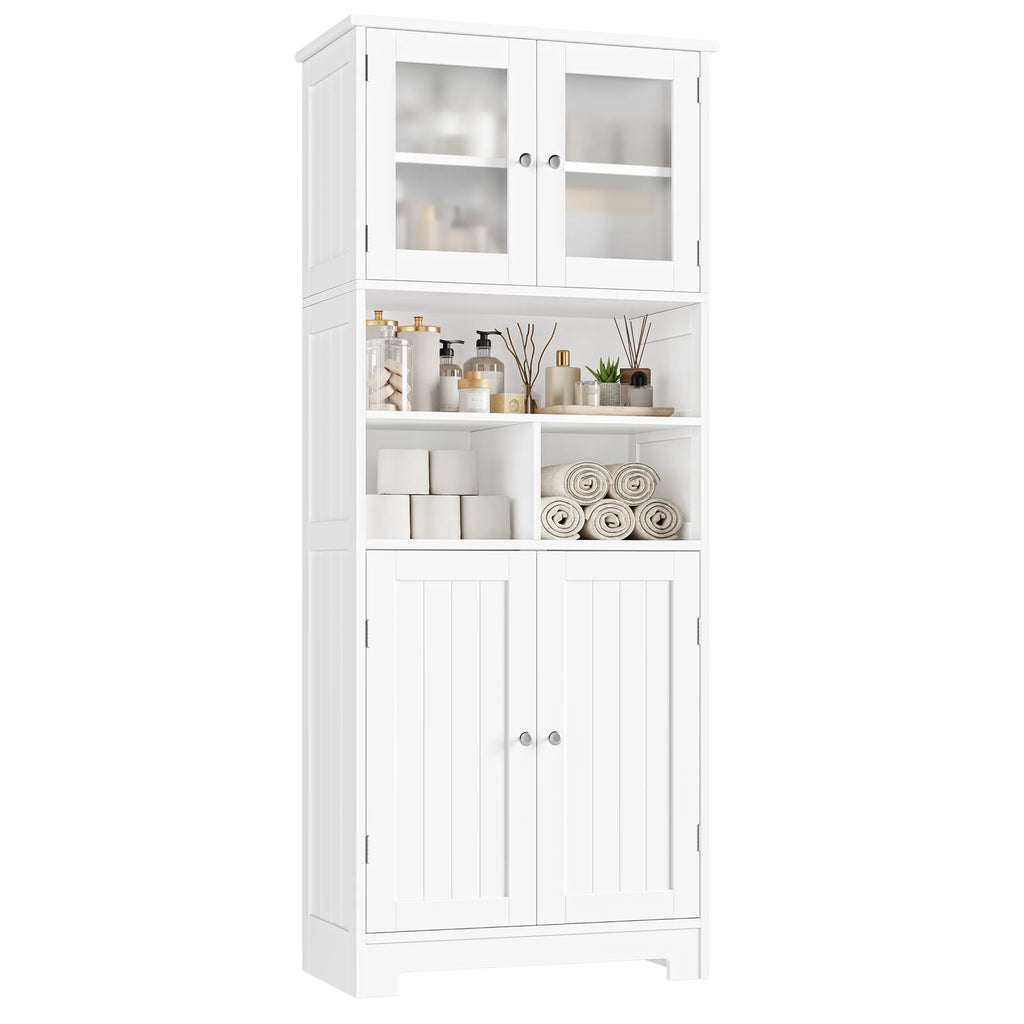 Tall Bathroom Storage Cabinet – 4-Door Wooden Cupboard with Adjustable Shelves