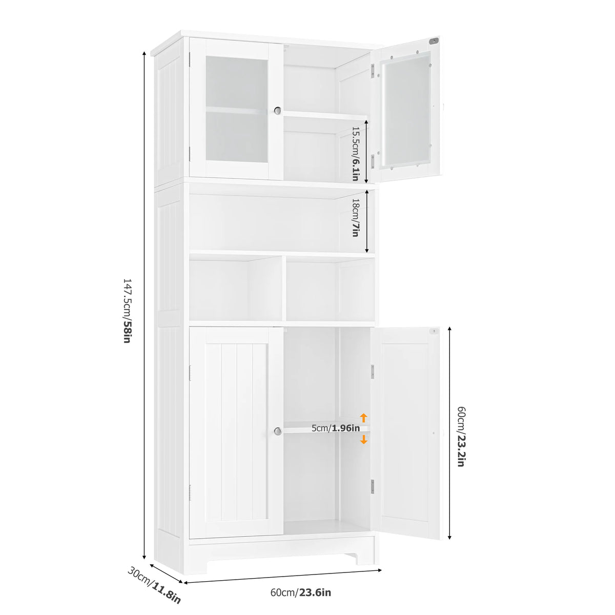 Tall Bathroom Storage Cabinet – 4-Door Wooden Cupboard with Adjustable Shelves