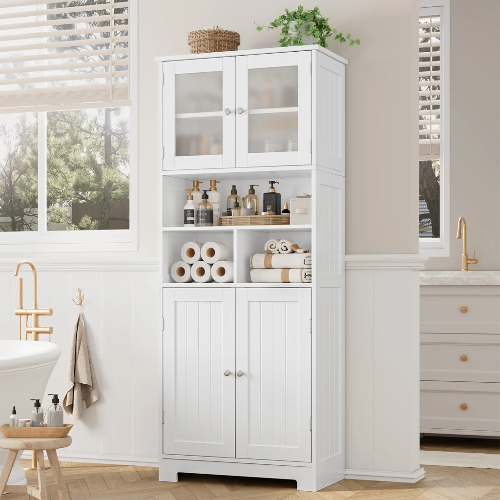Tall Bathroom Storage Cabinet – 4-Door Wooden Cupboard with Adjustable Shelves