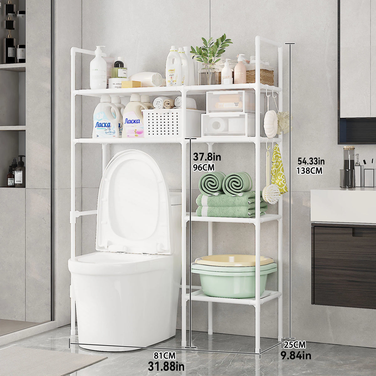 Bathroom Storage Organiser – 2/3 Tier Over-The-Toilet Shelf with Rust-Proof Metal Frame