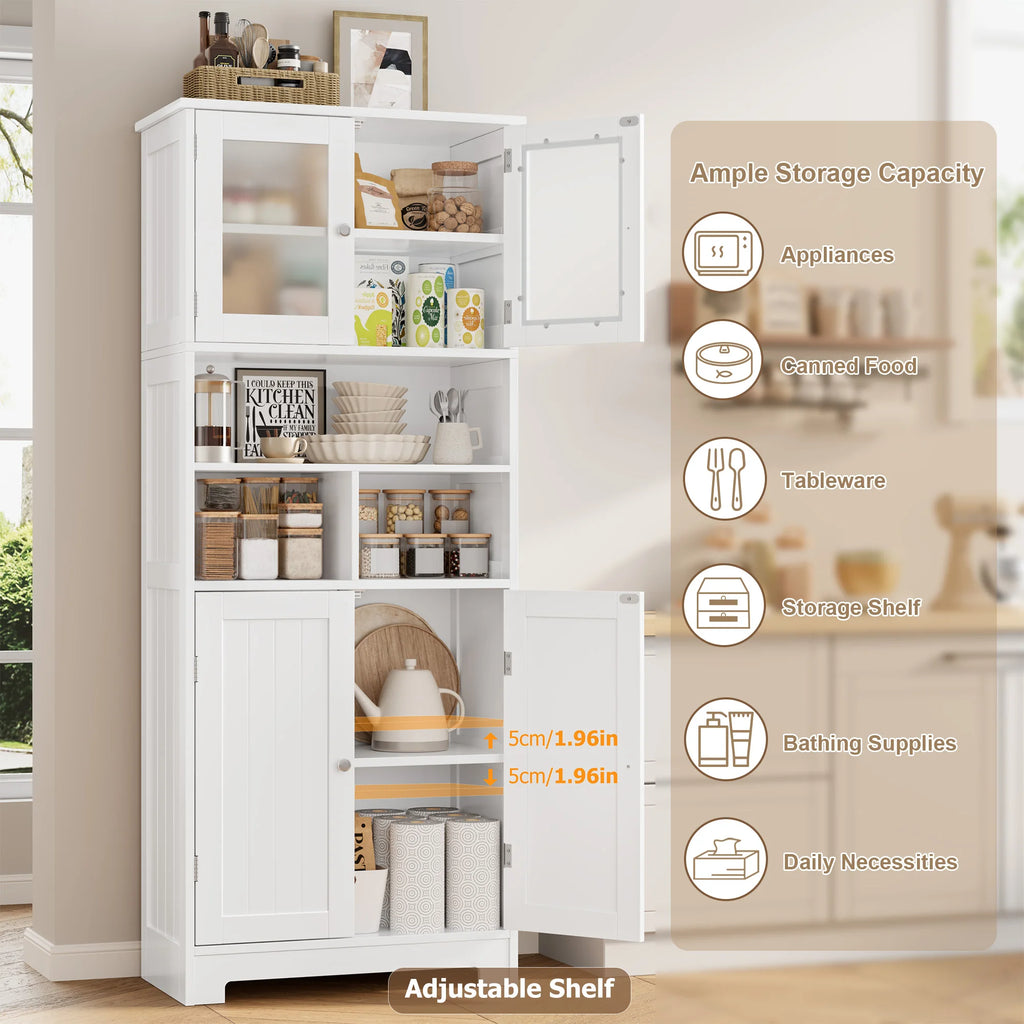 Tall Bathroom Storage Cabinet – 4-Door Wooden Cupboard with Adjustable Shelves