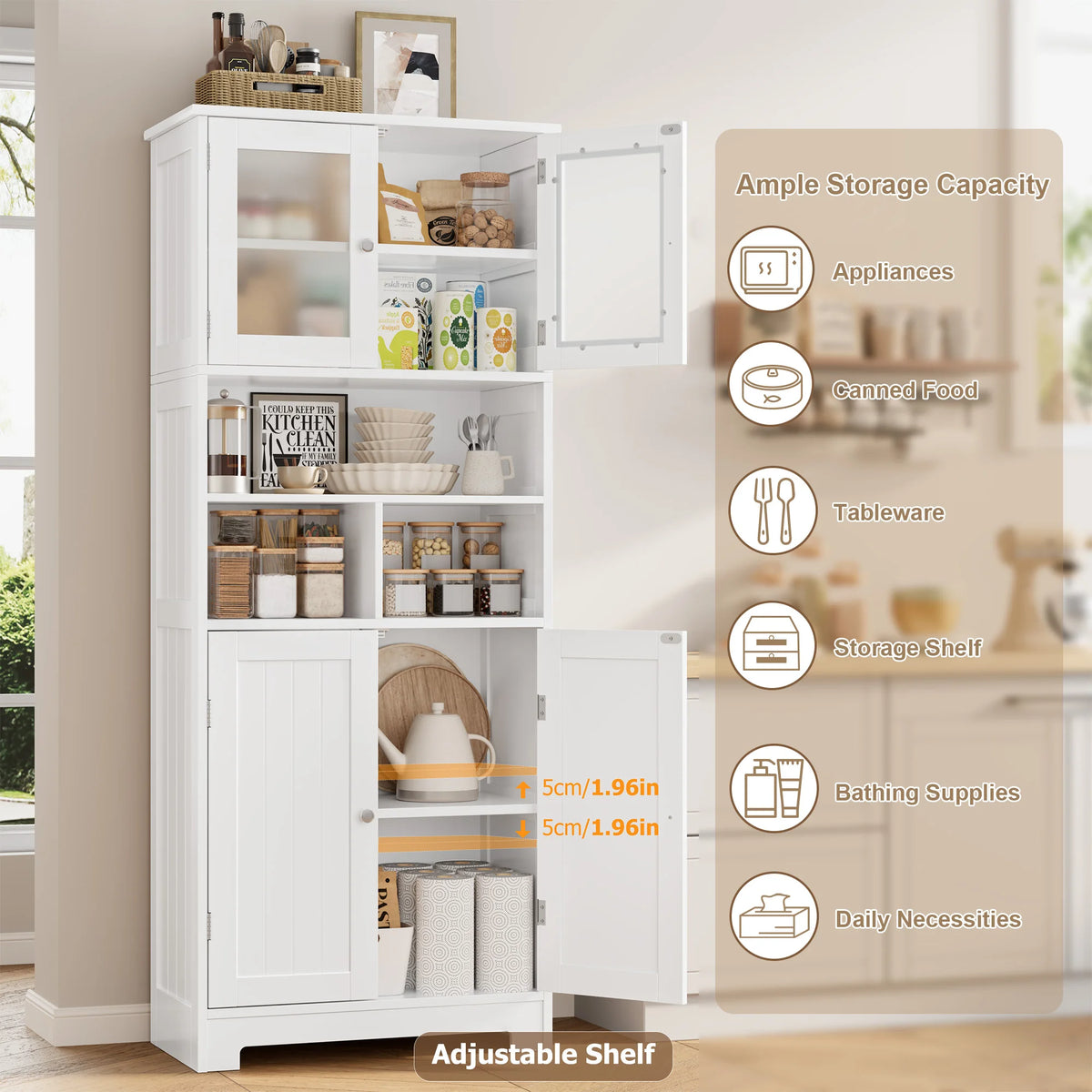 Tall Bathroom Storage Cabinet – 4-Door Wooden Cupboard with Adjustable Shelves