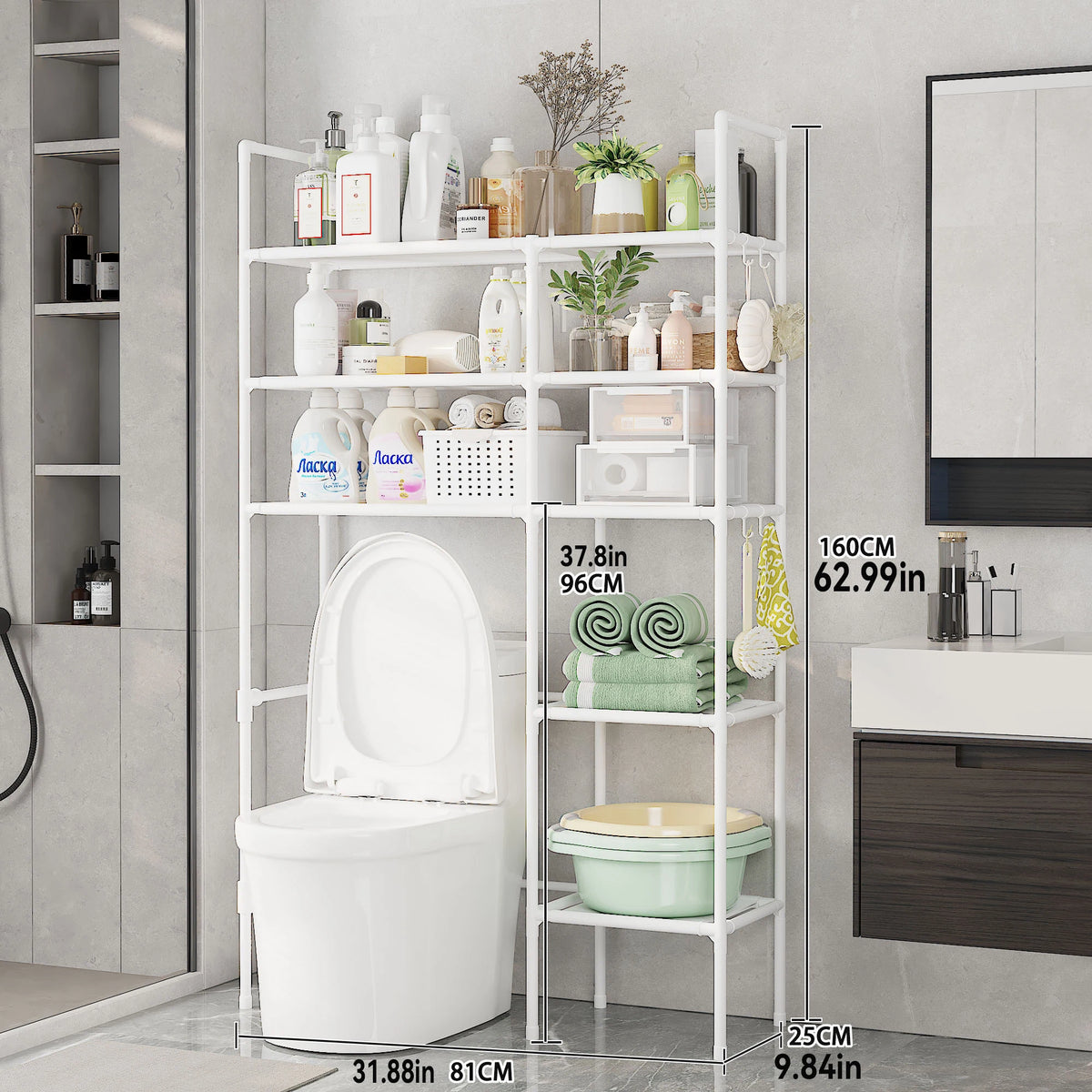 Bathroom Storage Organiser – 2/3 Tier Over-The-Toilet Shelf with Rust-Proof Metal Frame