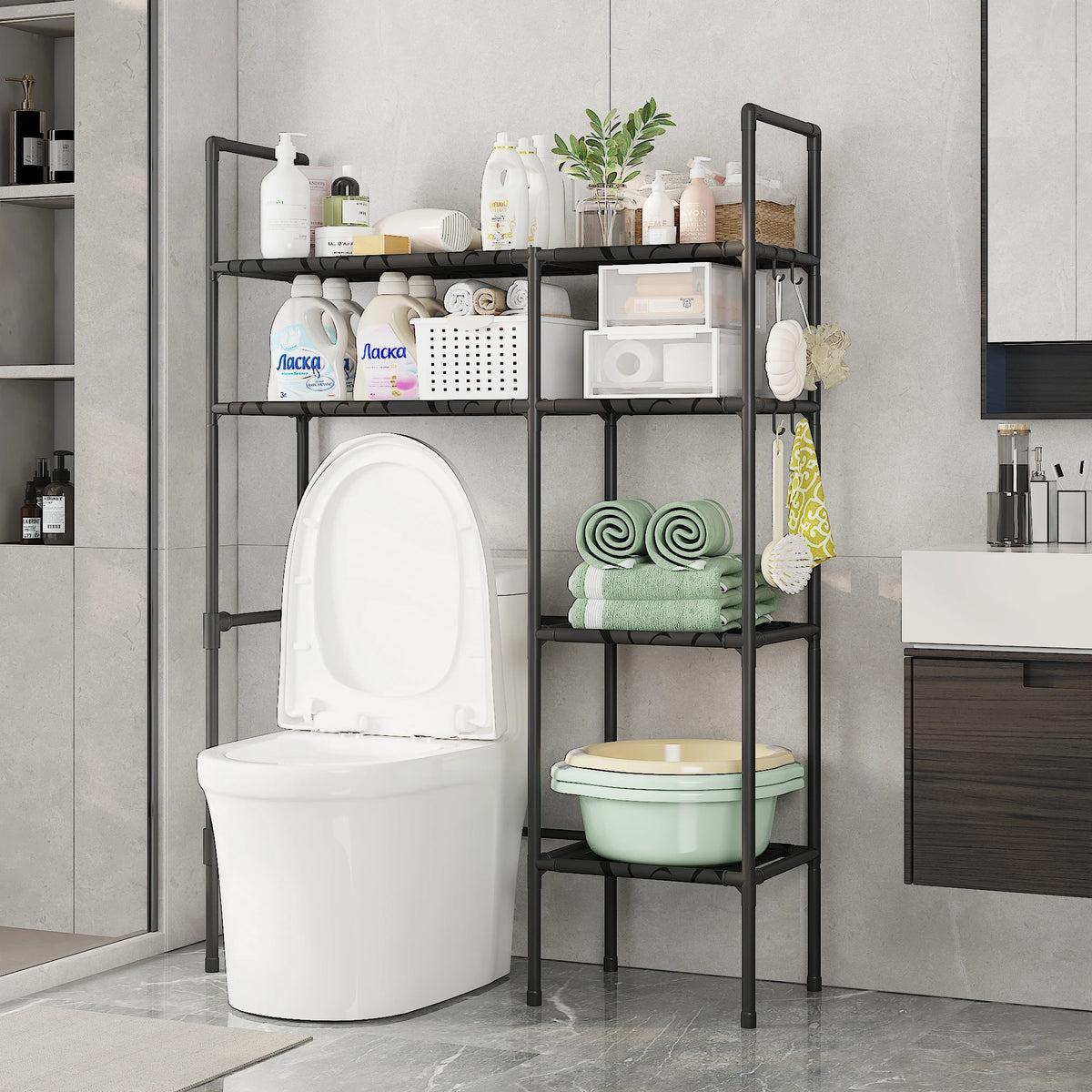 Bathroom Storage Organiser – 2/3 Tier Over-The-Toilet Shelf with Rust-Proof Metal Frame