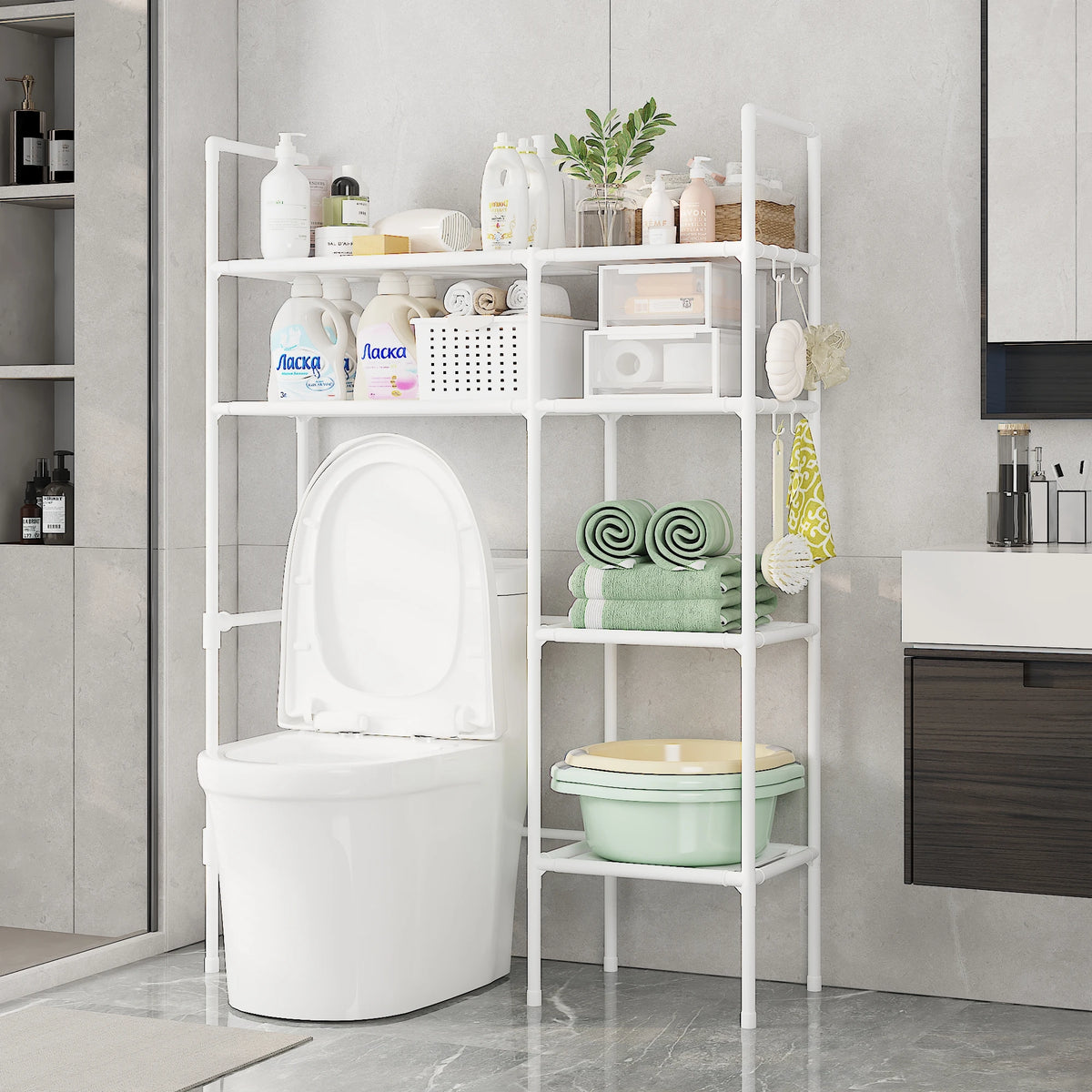 Bathroom Storage Organiser – 2/3 Tier Over-The-Toilet Shelf with Rust-Proof Metal Frame