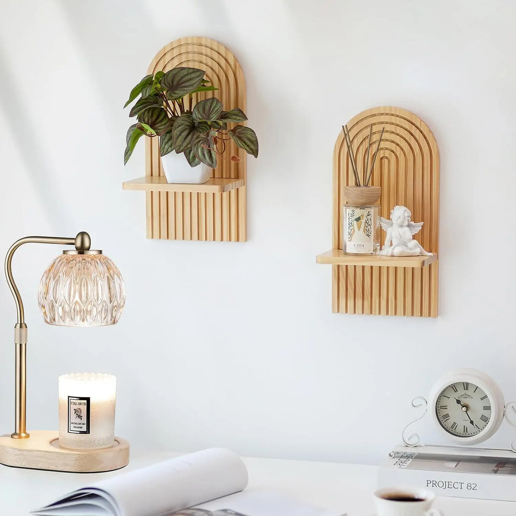 Boho Floating Wall Shelf – Wooden Lounge Organiser for Books & Decor