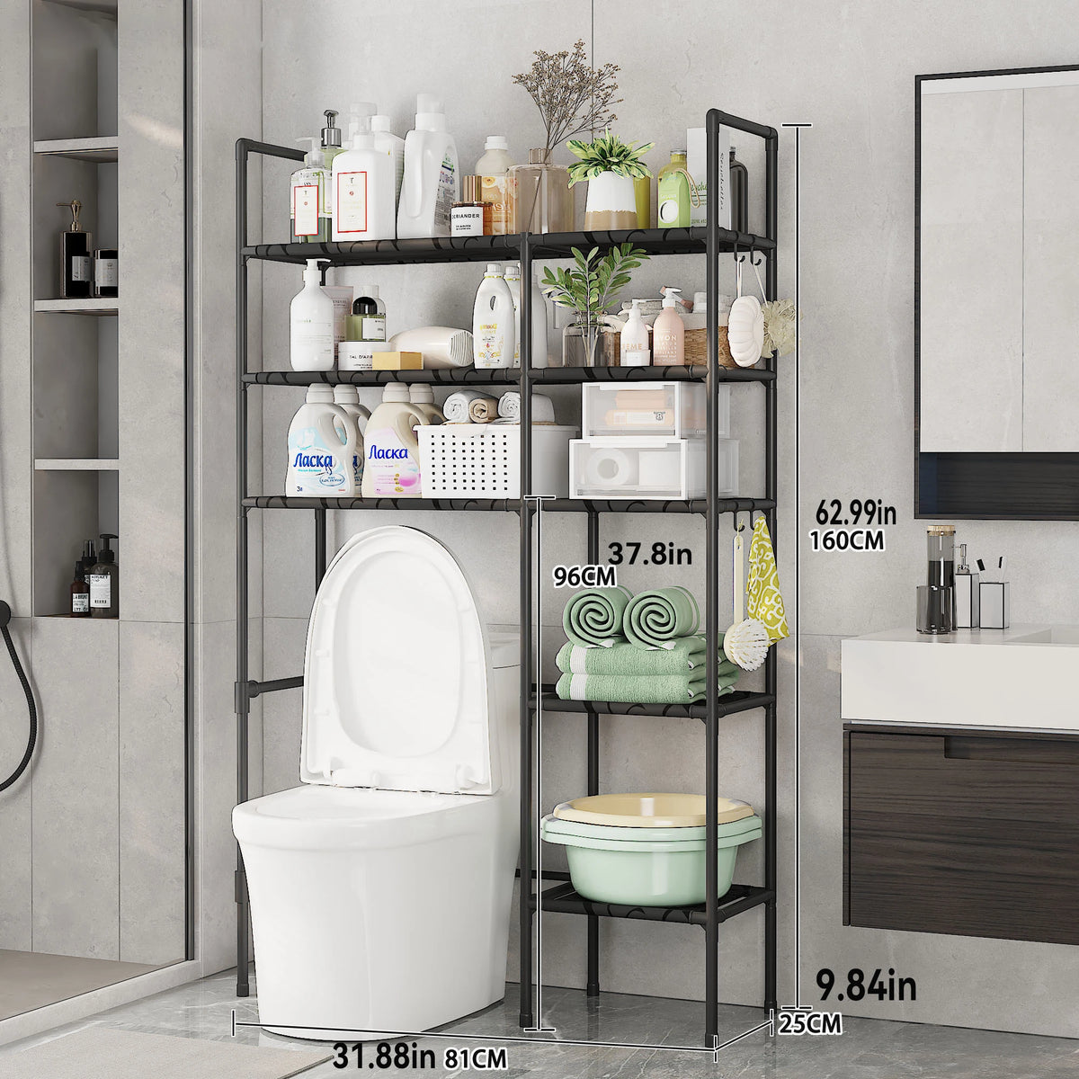 Bathroom Storage Organiser – 2/3 Tier Over-The-Toilet Shelf with Rust-Proof Metal Frame